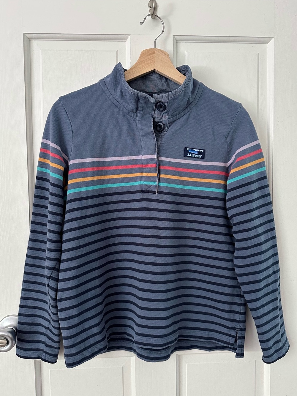 L.L. Bean Henley Pullover Blue Colorful Stripes 100% Cotton Chambray Petite S